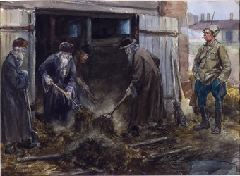 Vladimirovin Ivan Aleksejevitš (1869-1947) pakotti ryhmän venäläisiä pappeja raivaamaan kasarmin tallit. Akvarelli, guassi paperille