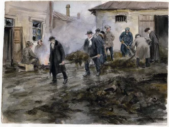 Porvari nettoyant une etable - Porvaristo siivoamassa tallia (Venäjän vallankumouksen vesivärisarjasta) - Vladimirov, Ivan Aleksejevitš (1869-1947) - 1920 - Vesiväri paperille - 25,8x34,4 - Yksityiskokoelma