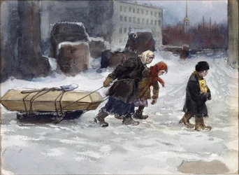Vladimirov Ivan Aleksejevitš (1869-1947) hautaa työmiehen, joka ei ollut kommunisti. Akvarelli, guassi paperille