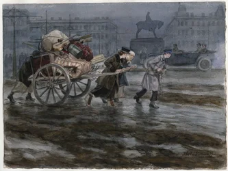 Famille demenageant ses affaires dans une charrette a bras - Perhe siirtää omaisuuttaan kärryissä (akvarellisarjasta Venäjän vallankumous) - Vladimirov, Ivan Aleksejevitš (1869-1947) - 1917-1918 - Vesiväri paperille - 25,9x34,3 - Yksityinen Collec