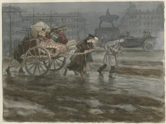 Perhe siirtää tavaraansa kärryissä Venäjän vallankumous 1917-1918 vesivärisarjasta