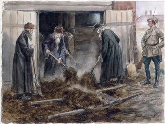 Le clerge russe pelletant le fumier - Venäjän papisto lapioi heinää: syyskuu 1918 (akvarellisarjasta Venäjän vallankumous) - Vladimirov, Ivan Aleksejevitš (1869-1947) - 1918 - Vesiväri paperille - 25,8x34,3 - Yksityiskokoelma