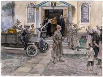 Pietarilaisen kirkon aarteiden pakkolunastus (takavarikointi) 5. toukokuuta 1922 (akvarellisarjasta 