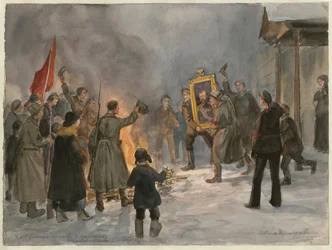 Sotilaat polttavat maalauksia (Venäjän vallankumouksen vesivärisarjasta) - Oeuvre de Ivan Aleksejevitš Vladimirov (1869-1947) - 1917 - Akvarelli paperille - 25,7x34,5 - Yksityiskokoelma