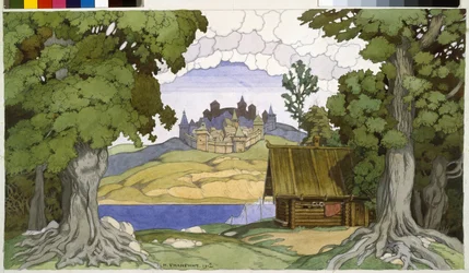 Sisustus Aleksei Vertovskin (1799-1862) oopperaan "Askoldin hauta". Ivan Yakovlevich Bilibin (Bilibin) (1876-1942) työ, akvarelli paperille