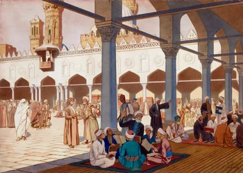 Al-Azharin yliopiston piha samannimisessä moskeijassa Kairossa, Egyptissä (Al Azharin moskeijan ja yliopiston piha, Kairo) - Ivan Yakovlevich Bilibinin (Bilibine) (1876-1942) työ, akvarelli ja guassi pahville