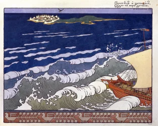 Vene suuntaa saarelle kimalaisen lennon ohjaamana. Kuvitus Aleksanteri Pushkinin (1799-1937) ""Talle of Tsaari Saltan" -kirjaan. Ivan Yakovlevich Bilibin (Bilibin) (1876-1942) työ, akvarelli ja guassi paperille