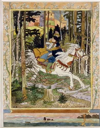 Prinssi Ivan (Ivan Tsarevitsh). Venäläisen kansanperinteen tarujen sankari ratsastamassa valkoisella hevosella metsässä, pakenemassa linnasta ja pitelemässä Vasilisa Kaunotarta sylissään. Kuvitus: Ivan Jakovlevitsh Bilibin (Bilibin) (1876-1942)
