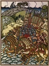Volga Svjatoslavitš (Vseslav de Polotsk (versiot 1039-1101), Kiovan suurprinssi 1068–1069) ja Mikula Seljaninovitš (?). Ivan Yakovlevich Bilibin (Bilibine) (1876-1942) teos, litografia