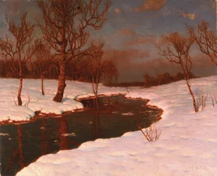 Auringonlasku lumisella jokimaisemalla