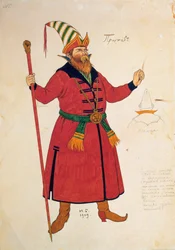 Pukusuunnitelma Rimski-Korsakovin teokseen Kultainen kukko, 1909