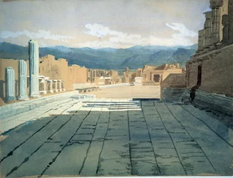 Pompei (Italia) (Pompei). Näkymät Rooman raunioiden foorumille Napolinlahdella, Vesuvius-vuoren edessä. Ivan Nikolajevitš Kramskoin (1837-1887) teos, akvarelli paperille