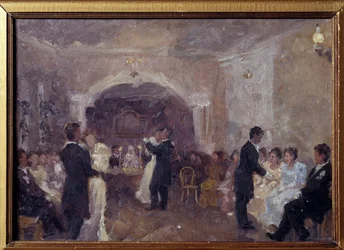 Kauppiaspallo. Pariskunnat tanssivat, valkoisiin pukeutuneet nuoret tytöt istuvat odottaen kutsua tanssimaan. Ivan Semjonovitš Kulikov (Koulikov) (1875-1941) maalaus öljy kankaalle