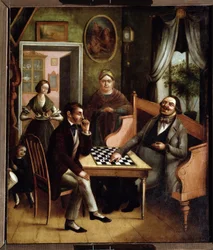 "" Tammipelaajat"" Ryhmä venäläisiä porvaristoja sisätiloissa. Ivan Stepanovitš Doštšennikovin (1812-1893) maalaus 1840-1850 valtion taidegalleria, Perm, Venäjä