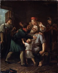 The Return of the Warrior (Homecoming Warrior). Sotilas palaa kotiin ja heittäytyy vanhan isänsä syliin. Koko perhe ilmaisee ilonsa ja helpotuksensa nähdessään hänet elossa. Ivan Vasilyevich Luchaninovin (1781-1824) maalaus, öljy t
