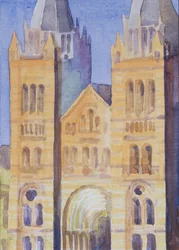 Natural History Museumin pääsisäänkäynti, Lontoo, auringonlasku, 1994 (wc paperilla)