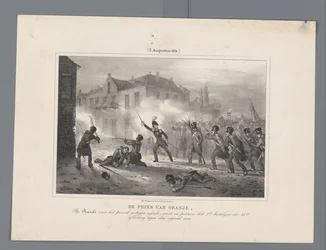 Prince of Orange johtaa joukkoja Ravelsissa vuonna 1831 Oranssin prinssi, noussut hevosesta Ravelsissa, johtaa henkilökohtaisesti 18. divisioonan 2. batalyonia vihollista vastaan ​​/ (3. elokuuta 1831) (otsikko esineessä) Seitsemän kirjaa taisteluista o