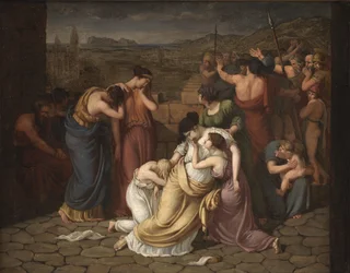 Andromache epätoivossa nähdessään Hectorin ruumiin
