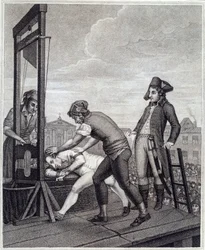 Maximilien de Robespierren (1758-1794) teloitus giljotiinilla 28/07/1794 Place de la Concordella. James Idnarpilan kaiverrus J. Beysin mukaan. Noin 1799. Pariisi, Musée Carnavalet