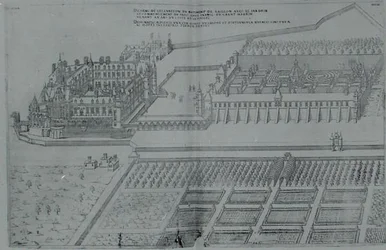 Chateau de Gaillon ja puutarhat, teoksesta "Les Plus Belles Bastiments de France", julkaistu 1570-luvulla (kaiverrus).