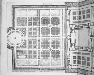 Gardens at Charleval, teoksesta "Les Plus Belles Bastiments de France", julkaistu 1570-luvulla (kaiverrus)