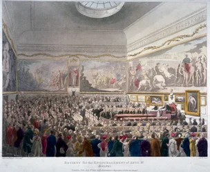 Taideyhdistyksen kokous Adelphi-rakennuksessa, Westminster, Lontoo, 1809