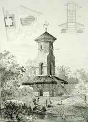 Shelter for Fowl at Chartrettes, julkaisusta "Constructions et Decorations pour Jardins", julkaistu n. 1880 (kaiverrus)