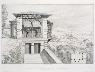 Höyrykylpyjä, observatorio yllä, useista eri arkkitehtien suunnittelemista pubista. Morel & Cie, Pariisi, noin 1880
