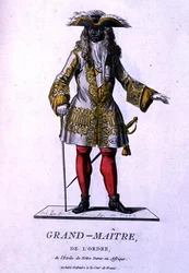 Notre-Dame-tähden ritarikunnan suurmestari Afrikassa, julkaisusta "Recueil de Tous Les Costumes des Ordres Religieux et Militaires", julkaistu 1785 (värikaiverrus).