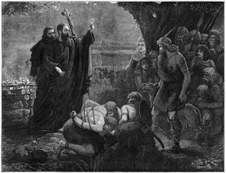 Kristityt lähetyssaarnaajat keskeyttävät ihmisuhrin, 1878.
