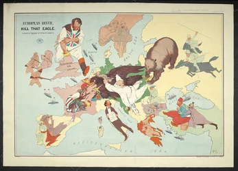 Euroopan sota-alueen sarjakuvakartta nimeltä "European Revue Kill that Eagle"