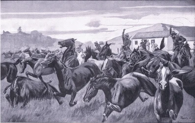 Buurit hyökkäämässä Braamfonteinin Remount Depot -varikolle, teoksesta After Pretoria: The Guerilla War, jonka on julkaissut Harmsworth Bros Limited, 1901.