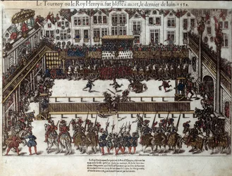 Henri II:n turnaus ja kuolema (30. kesäkuuta 1559): tyttärensä häissä (nykyinen paikka des vosges) hän taisteli skotlantilaisen kaartinsa kapteenia Gabriel de Montgomerya vastaan, joka satuttaa häntä keihään silmässä. Kaiverrus 1500-luvulta Pe