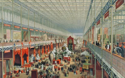 Ulkoministeriö, poikittaissuuntaan päin katsottuna, levy 3 julkaisusta "Suvenir of the Great Exhibition", kaiverrus T. Picken, pub. 1851, Ackermann (värilitografia)
