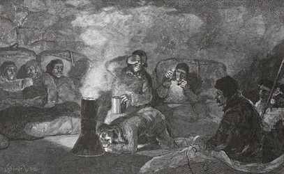Talvimajamme sisustus Camp Clayssa ruoanlaiton aikana, 1883 pub. Lontoo 1886