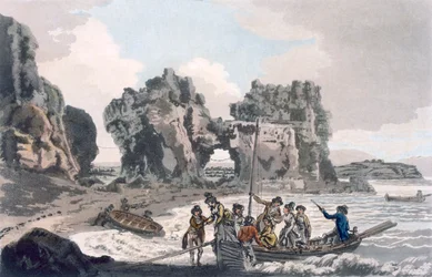 Näkymä Castle Rockille, laskeutumispaikalta Flat Holmesissa, maalauksellisesta oppaasta Bathiin, Bristol Hot-Wellsiin, Avon-jokeen ja viereiseen maahan, julkaistu 1793 (väriakvatinta)