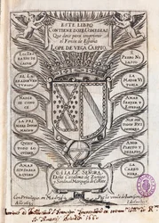 Vega Carpion (1562-1635) toimittaman Felix Lopen kahdentoista komedian kokoelman nimiölehden puoliväli.