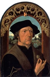 ""Miehen muotokuva"" (Miehen muotokuva) Hollannin porvaristoon kuuluvan miehen muotokuva kädessään hopeajalokiveä. Jacob Cornelisz van Oostsasen maalaus (noin 1470-noin 1533) Pietarin Eremitaaši
