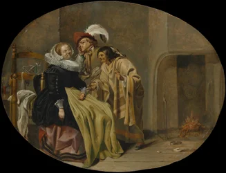 Pariskunta sisätiloissa mustalaisen ennustajan kanssa, n. 1632-33.