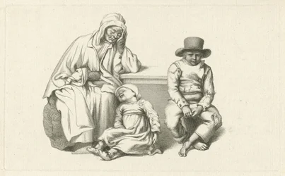 Istuu vanha nainen ja kaksi lasta