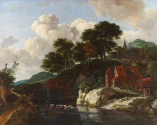 Mäkinen maisema ja vesimylly, noin 1670