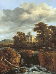 Maisema, jossa on vesiputous ja linna, noin 1670