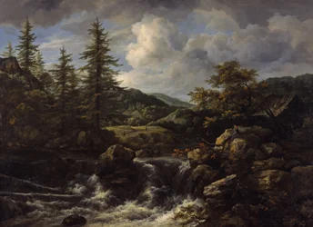 Metsäinen maisema ja vesiputous, noin 1665-1670
