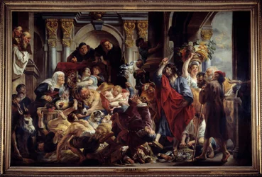 Jeesus jahtaa kauppiaita temppelistä Jacob Jordaensin (1593-1678) maalaus 1600-luvun su. 2,88 x 4,36 m. .
