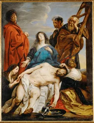 Pieta. Pyhä Maria pitelee Kristuksen ruumista yllään.
Maria Magdaleena repii piikkejä Kristuksen otsasta.
Maria Salome nostaa hänen kätensä (maalaus kankaalle).