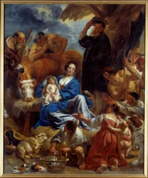 Jacob Jordaensin (1593-1678) maalaus The Adoration of the Shepherds (ec.flam.) 1616-1620 su. 1,95x1,22 m Lyon, Musee des Beaux Arts