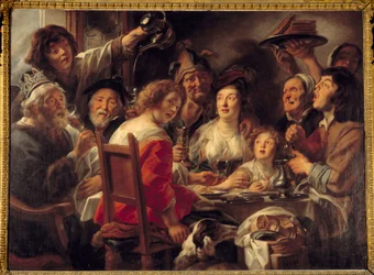 Kuningas juo tai loppiaisen kuumeen veto Jacob Jordaensin (1593-1678) maalaus (ec.flam.) 1600-luvun su. 1,52x2,04 m