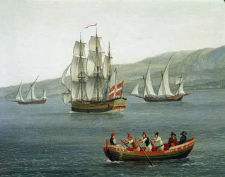 Näkymä laivoista Messinansalmessa, Reggio Calabria, Italia (laivoja Messinansalmessa Reggio Calabrian ja Sisilian välissä), yksityiskohta. Jacob Philipp Hackert, kutsumanimeltään Hackert d