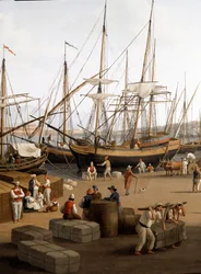 Näkymä Messinan satamasta (Messina) Sisiliassa Dockers satamassa purkamassa tavaroita - Jacob Philipp Hackertin maalaus dit Hackert d