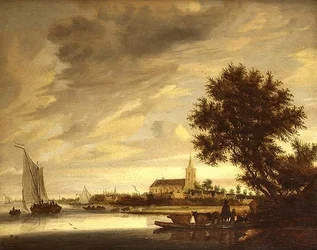 Jokimaisema, jossa lautta etualalla
